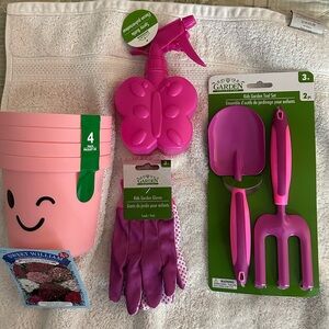 Kids Pink Garden Tool Set with Gloves & Pots